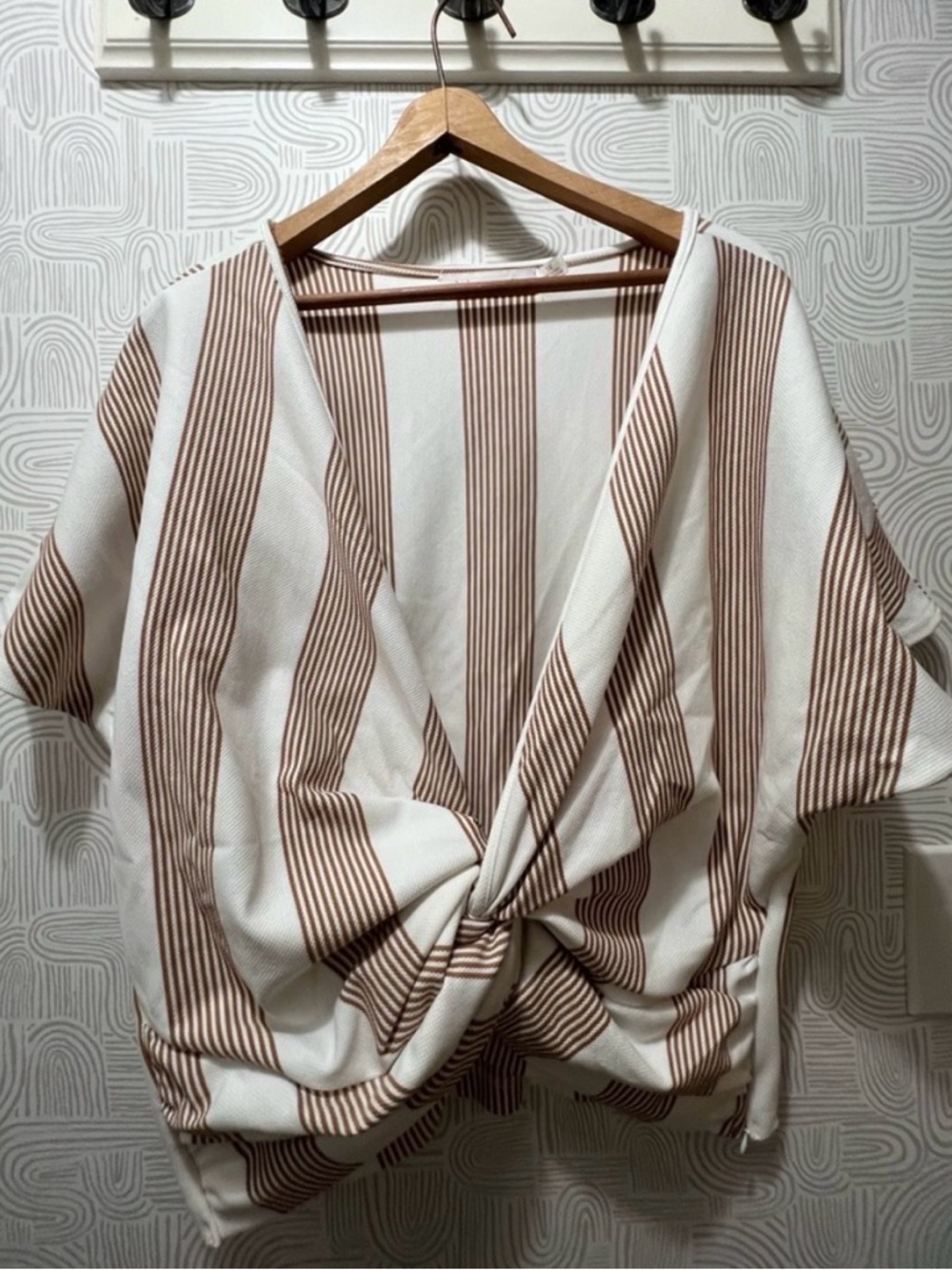 Anthropologie Cream and Brown Striped Twist-Front Top